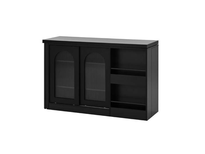 Table de bar réversible en buffet pivotante 360° extensible avec rangement et porte vitrée noir
