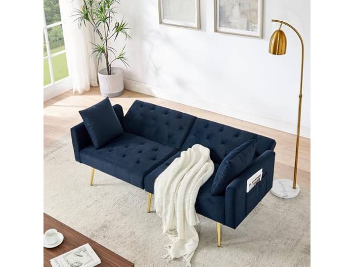 Ball & Cast Klappsofa, kleines Schlafsofa mit Schlaffunktion aus Samtstoff, 3-Fach verstellbare Winkel, praktische Mini-Couch für Wohnungen und Wohnzimmer, Blau