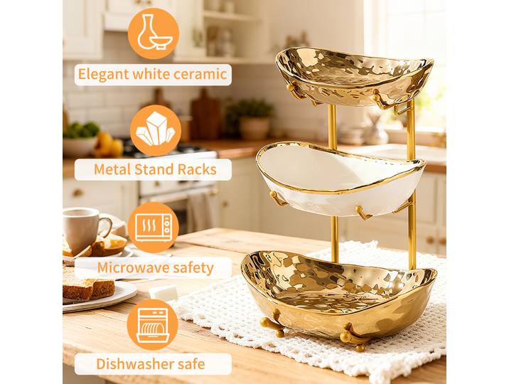 Corbeille à fruits à 3 niveaux pour comptoir de cuisine, bol à fruits moderne en céramique avec support en métal doré, plateau à fruits à plusieurs niveaux pour desserts, bonbons et noix