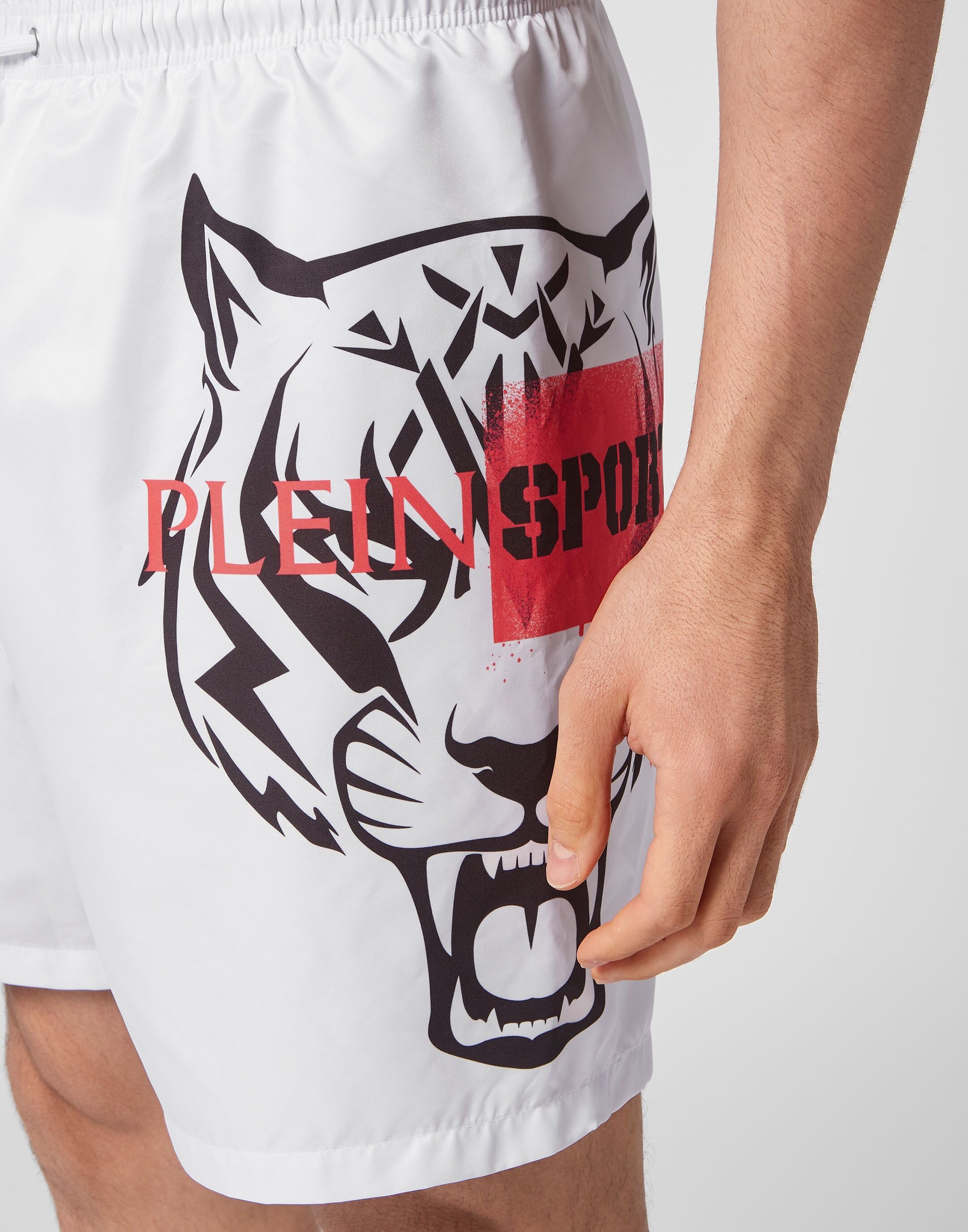 Badehose PLEIN SPORT "Tiger", Herren, Gr. XXL, US-Größen, weiß (01, weiß), Obermaterial: 100% Polyester, Badehosen Badehose