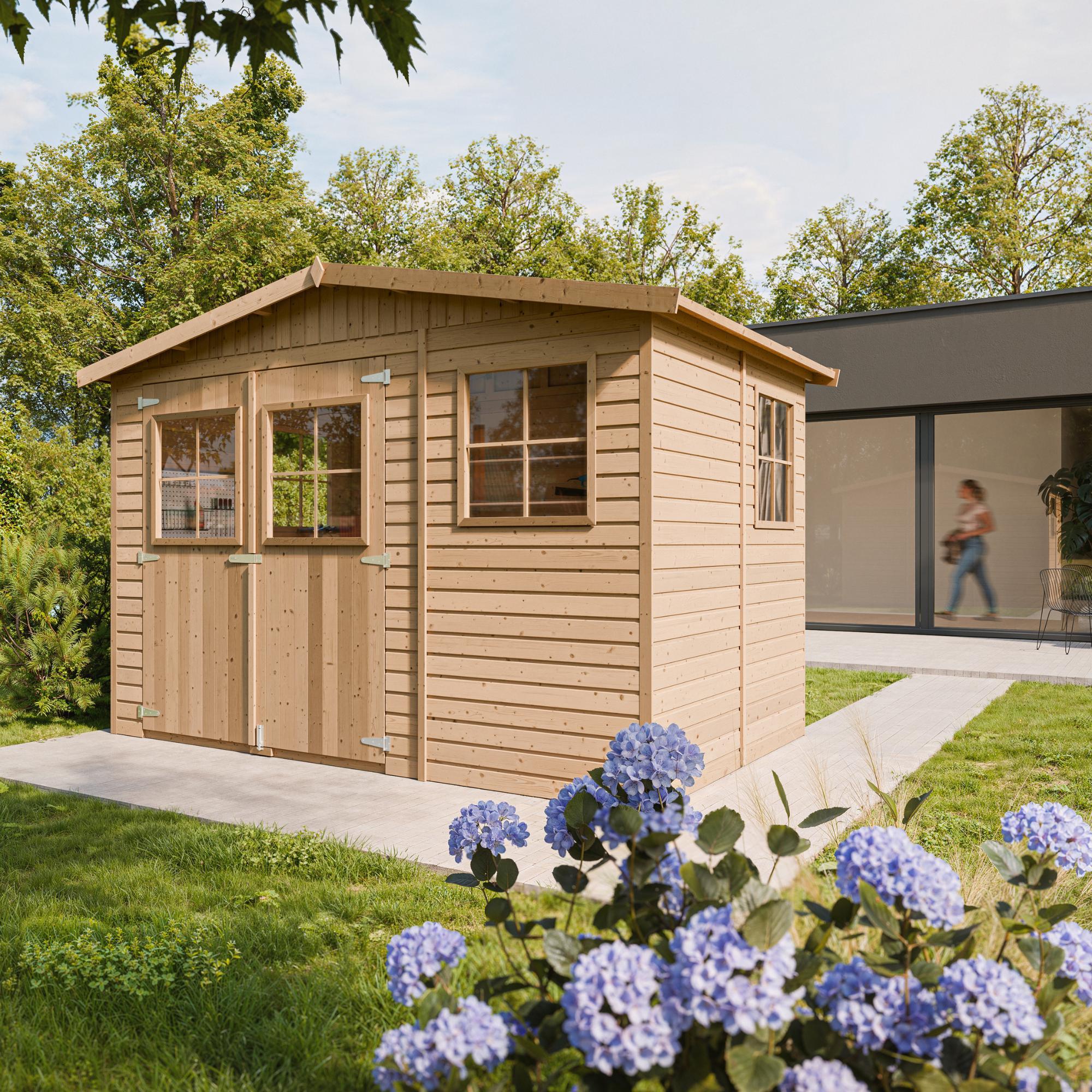 Holz Gartenschuppen MIT IMPRÄGNIERTEM BODEN - Abstellkammer mit Fenstern - H226x318x220 cm/6 m² Naturholz-Shiplap-Schuppen - TIMBELA M334+M334G