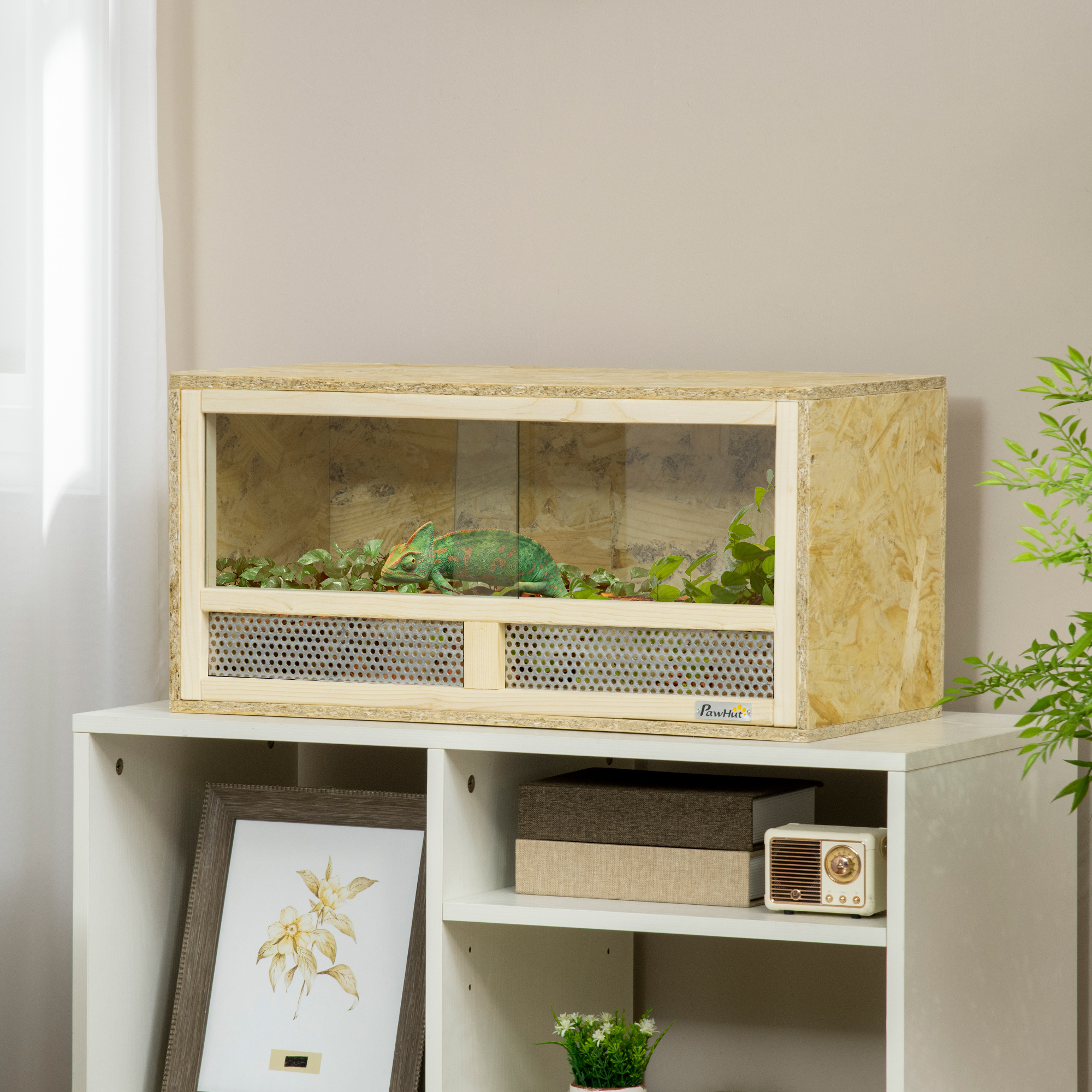 Pawhut Terrario per Rettili in Legno con Porte in Vetro Scorrevoli e Pannelli in Rete, 60x29.5x29.5cm