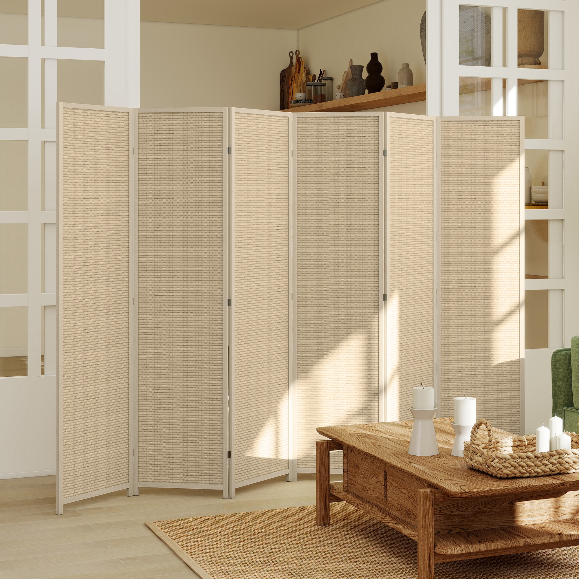 Homcom Paravento da Interno a 6 Ante Pieghevole in Legno e Bambù Altezza 180cm, Colore Naturale   Aosom Italy