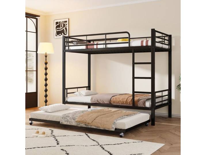 Lit superposé 90x190/200cm Lit 2 personnes avec lit gigogne Lit en fer quatre barrières latérales au lit supérieur fer Noir