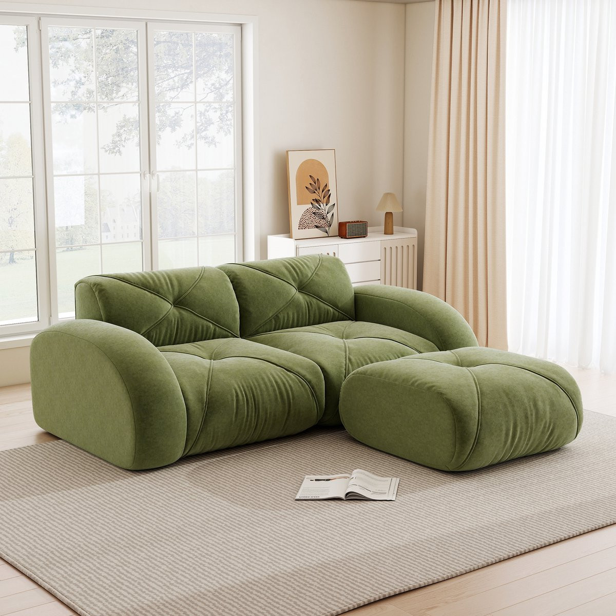 Komhtom Modulaire Moderne 2-zitsbank met Poef - Groen - Huisdiervriendelijke Chenille-stof