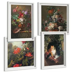 BILDER SET 4er Set - 50x50 cm & 40x60 cm Weißer Rahmen - Vintage-Blumen, Katzen, Pflanzen