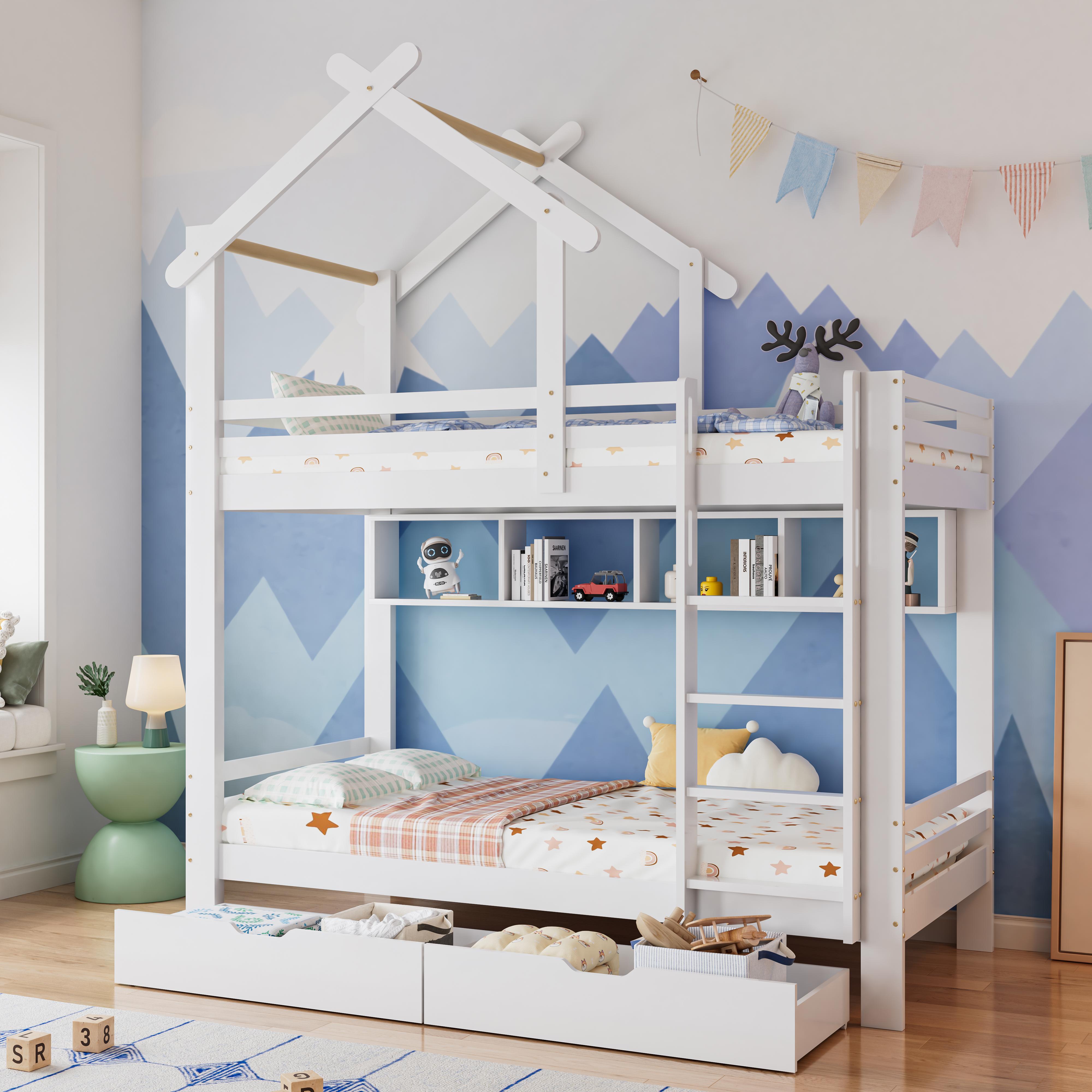 Kinderetagenbett im Hüttendesign (90x200cm), Rahmen aus weißer Kiefer: Schubladen + Regale, dreistufige rechteckige Leiter, Absturzsicherung + Schutzgeländer