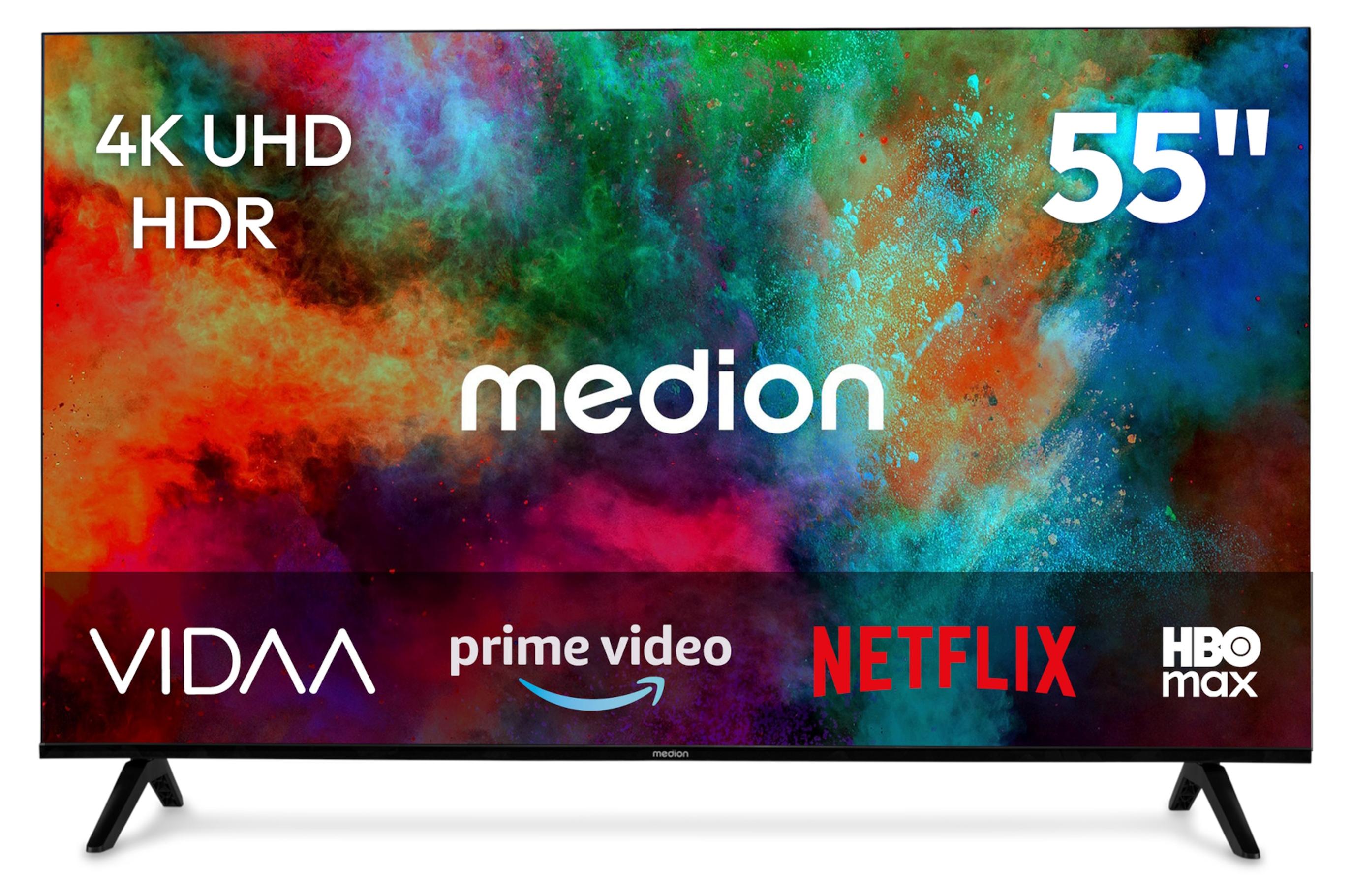 MEDION 138,8 cm (55 Zoll) Ultra HD Fernseher (Smart-TV, HDR10, VIDAA Store, HBO Max, MagentaTV, Prime Video, Disney+, DAZN, Paramount+, HbbTV, PVR, Bluetooth), MD 855201
