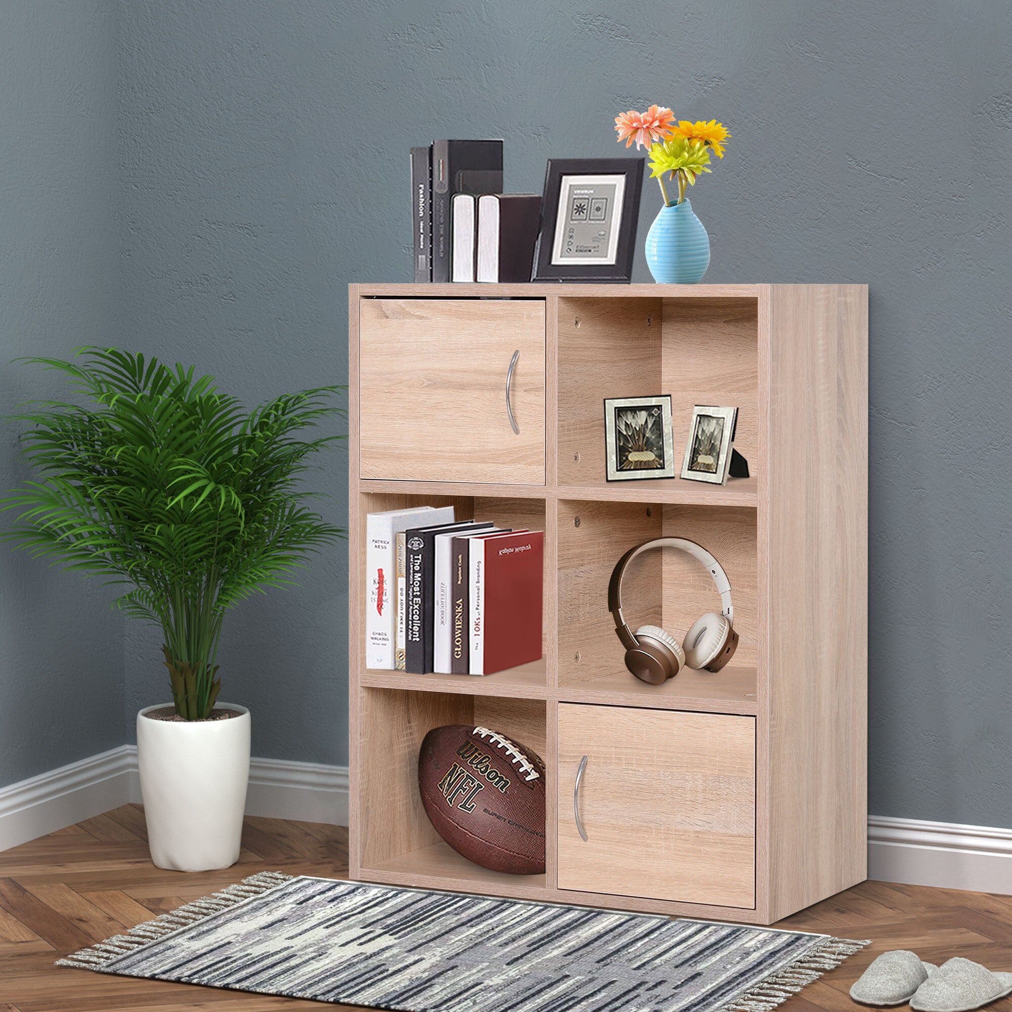benzoni Libreria Scaffale in Legno a 3 Ripiani con 4 Scompartimenti e 2 ante Legno Naturale 61.5x29.5x80 cm...