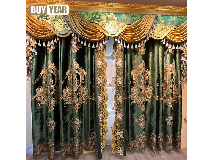 Rideaux de luxe européens brodés en velours vert rétro avec cantonnière pour salon, salle à manger, chambre, décoration de fenêtre en tulle, porte élégante