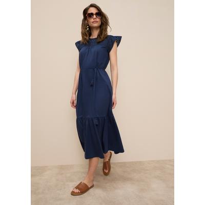 Jerseykleid TAMARIS "mit figurumspielender Passform, hohem Komfort", Damen, Gr. 38, N-Gr, blau (marine), Single Jersey, Obermaterial: 100% Baumwolle. Spitze: 100% Baumwolle, unifarben, figurumspielend ca. Mitte Wade, Rundhals, Flügelärmel, Kleider...