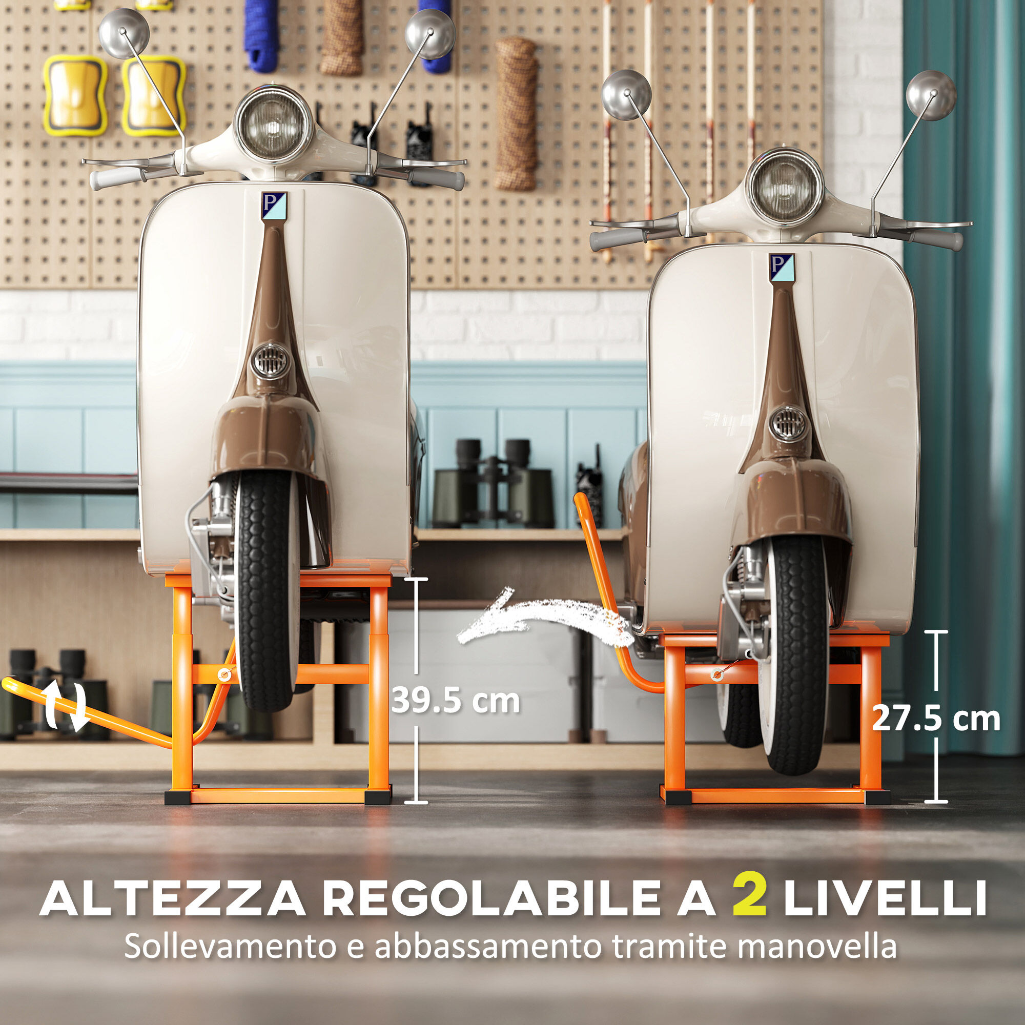 Altro Cavalletto Alzamoto Max 150 Kg In Metallo Con Superficie In Gomma E Manovella, 48x34x43 Cm, Arancione