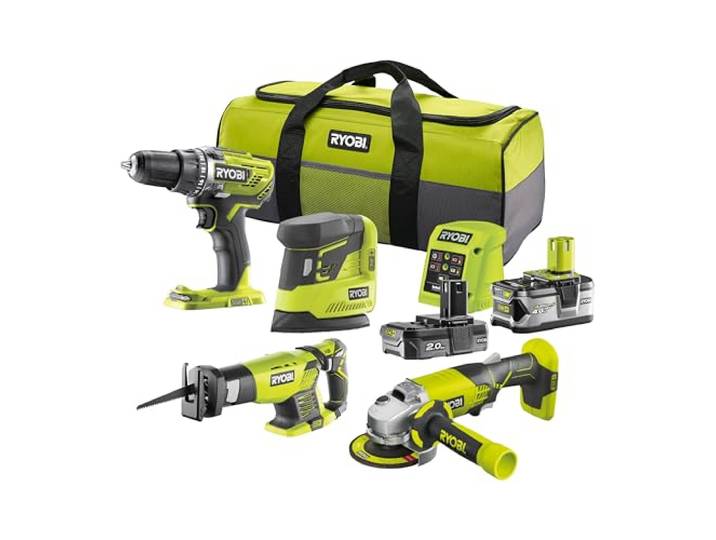 RYOBI - Combo 2 gereedschappen 18 Volt ONE+: Boormachine 50 Nm + Reciprozaag + Slijper + Schuurmachine + 2 batterijen (2 & 4Ah) + Oplader + Draagtas - R18CK4E-242S