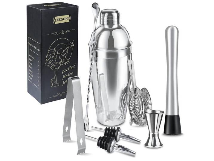 Cocktail Shaker Set 8-teiliges Set Edelstahl 750ml, Silberfarben, Metall, 7.5x7.5x27.5 cm, Barzubehör & Weinzubehör, Barzubehör