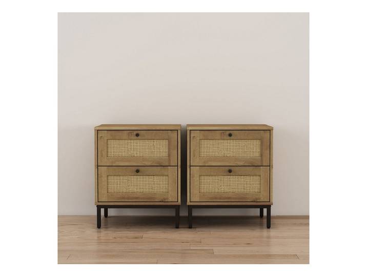 OTTO home Nachtkommode Motala Schlafzimmerschrank Garderobe Boho Eichen-Design (Set, 2 Schränke im Set - Eichen-Design mit schwarzen Griffen), Nachttisch Set mit je 2 Schubladen mit wiener Geflecht optik
