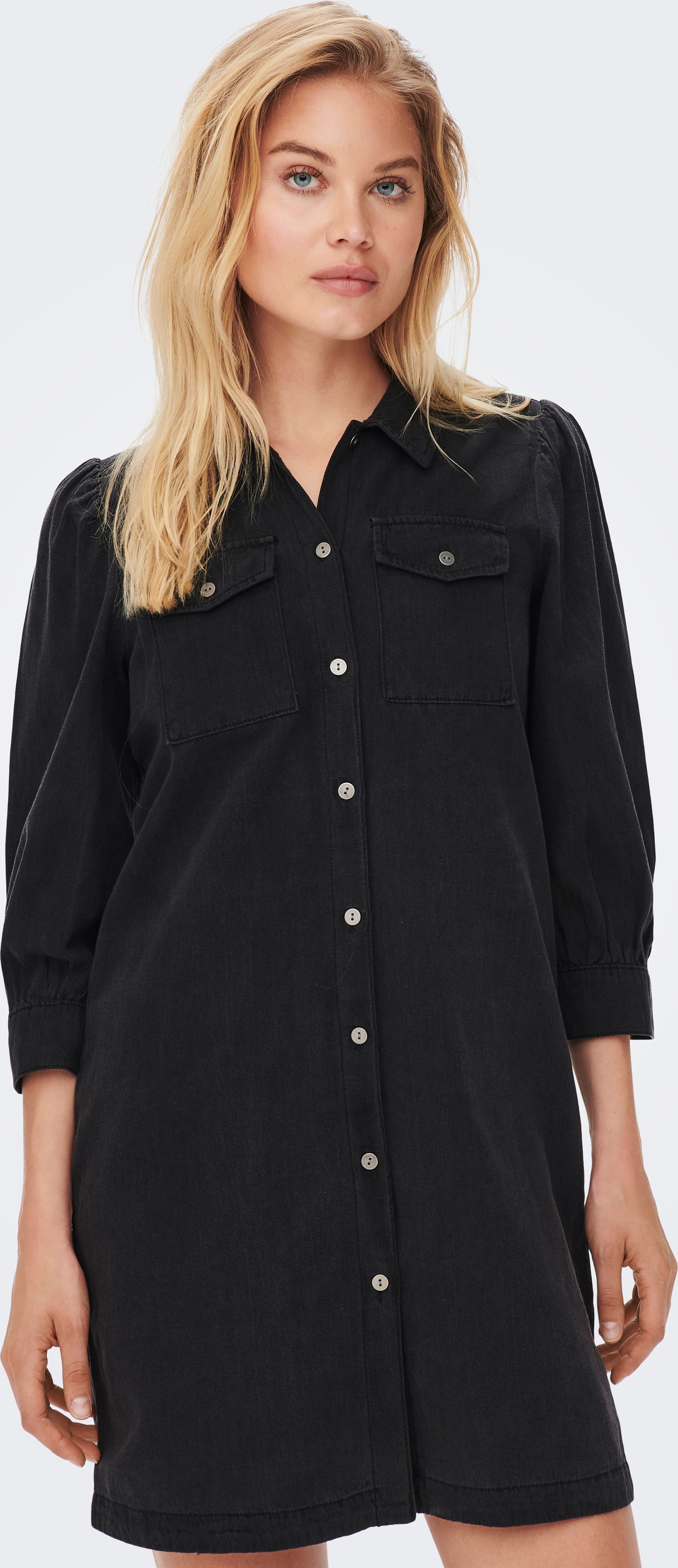 Jeanskleid ONLY "ONLFELICA DNM DRESS NOOS", Damen, Gr. XS, N-Gr, schwarz (washed schwarz), Denim/Jeans, Obermaterial: 100% Baumwolle, unifarben, relaxed fit, Manschette, Kleider Jeanskleid washed schwarz XS, N-Gr