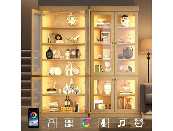 Armoire haute - Moderne Scandinave - Vitrine en verre - Éclairage LED multicolore - Anti-basculement