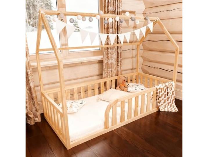 Mandrele Bodenbett 120x200 für Kinder, Montessori Hausbett aus FSC-Kiefernholz Natur, Kinderbett mit Lattenrost und 41 cm Rausfallschutz, Einstieg Links
