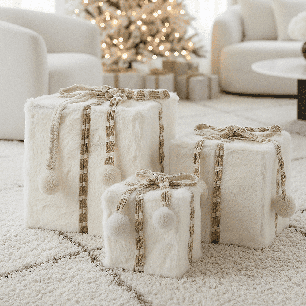 Cream Faux Fur Wrapped Decorative Presents - Set of 3