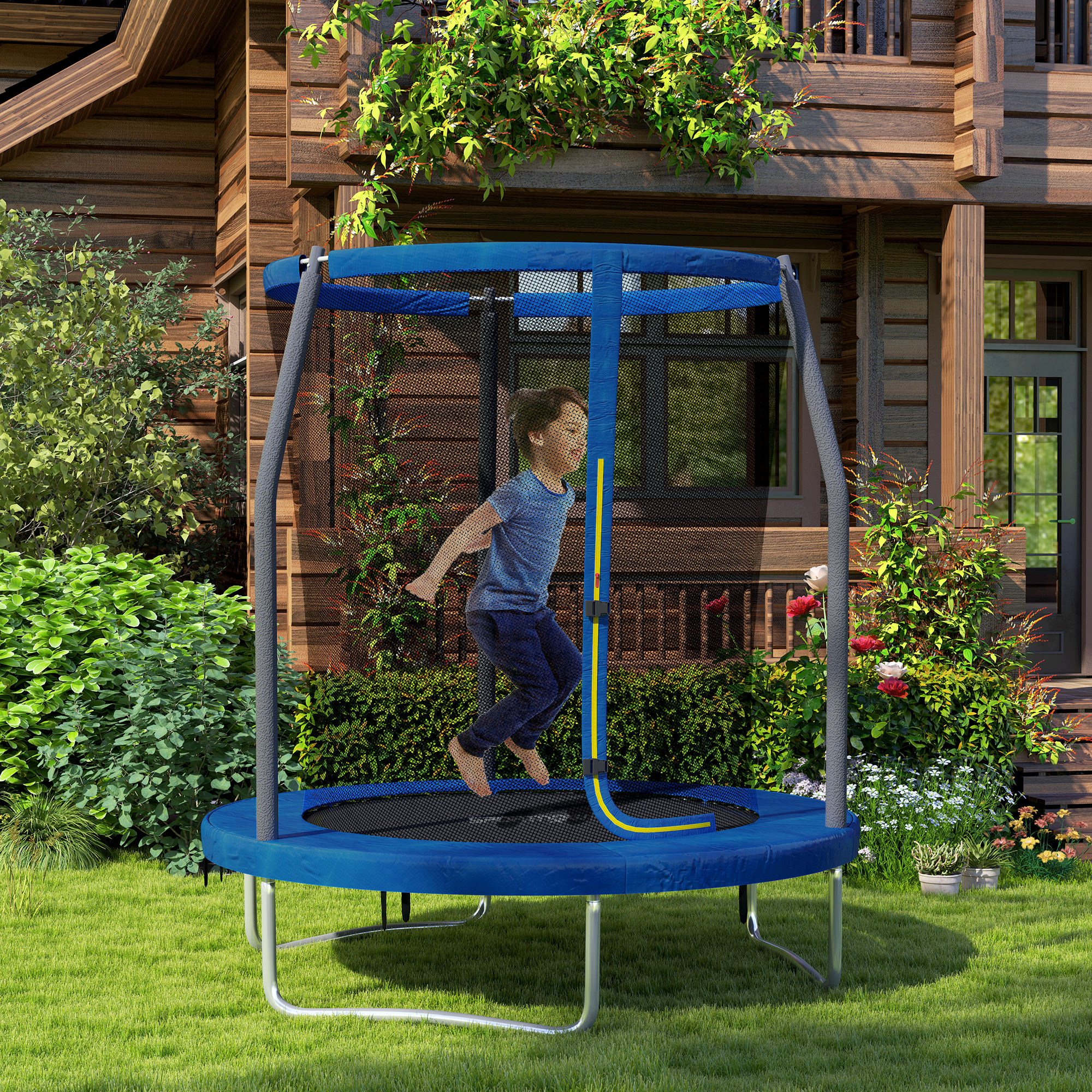 Sportnow Trampolino per bambini trampolini da giardino con rete di sicurezza struttura in acciaio Ø 183 x 200 cm blu