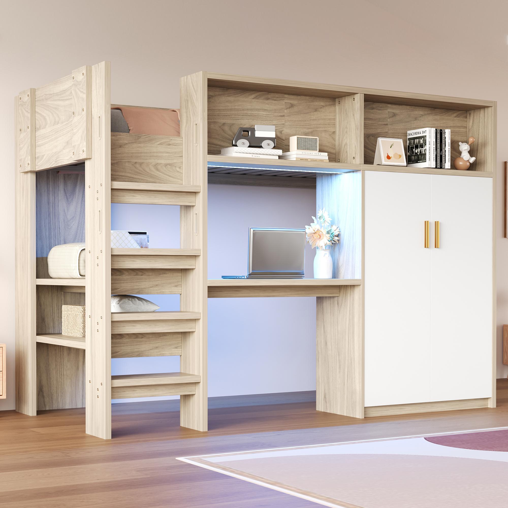 Merax Multifunktionales Etagenbett 90x200cm mit Schreibtisch und Kleiderschrank, Hochbett mit Regalen, Staufächern und LED, inklusive Lattenrost, Holz