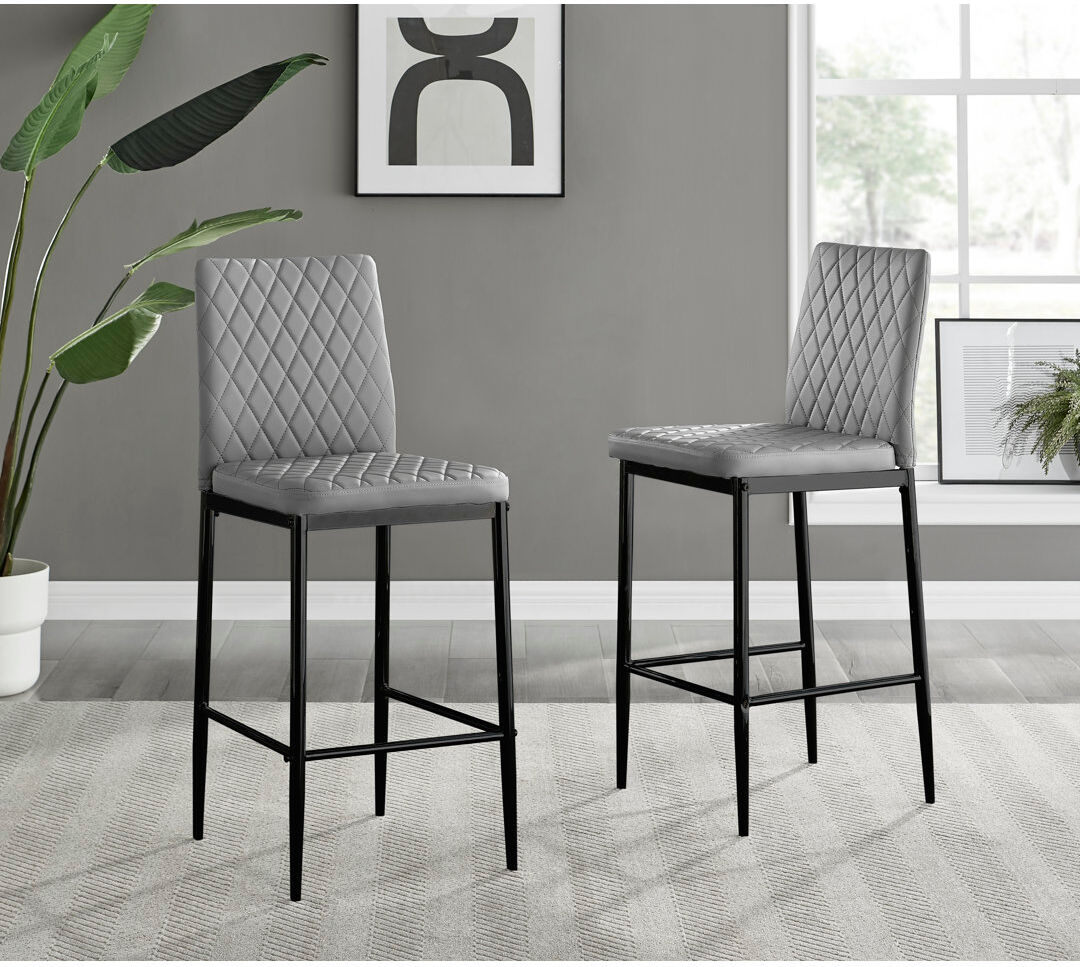 Mercury Milton Luxury Breakfast Bar Stool in Quilted Design Faux Leather - Modern Chic Kitchen Black/Grey 97cm H X 40cm W X 50cm D
