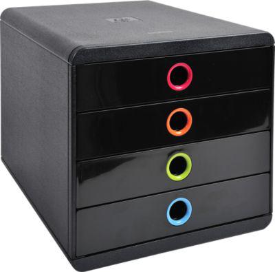 Schubladenbox POP-BOX Schwarz/Harlekin, 4 geschlossene Laden, A4/A4+/24x32 cm, leise, Sicherheitsstopp