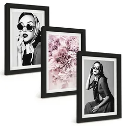 BILDER SET 3er Set - 20x30 cm Schwarzer Rahmen - Stilvolle Porträts von Frauen mit Blumen