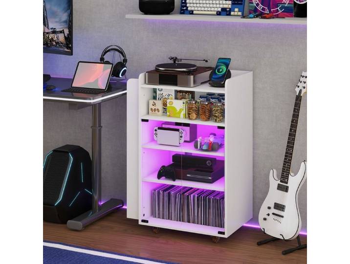 Meuble Vinyle Meuble Disque à 5 Niveaux avec Éclairage RGB 2 Port USB et 2 Prises Meuble de Rangement Blanc