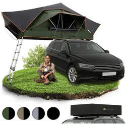 Juskys Autodachzelt Lago 140 x 240 cm - LED-Beleuchtung & Leiter - Schwarz / Olivgrün