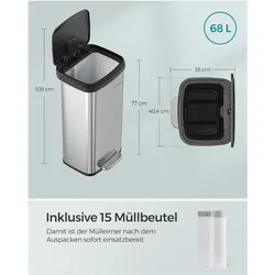 Songmics Abfalleimer 68L Pedal Silber Metall, Abfalleimer, Silber