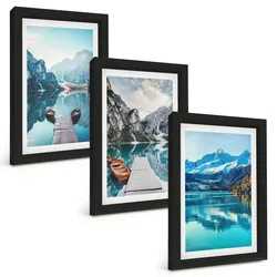 BILDER SET 3er Set - 20x30 cm Schwarzer Rahmen - Spiegelung der Boote auf Bergseen