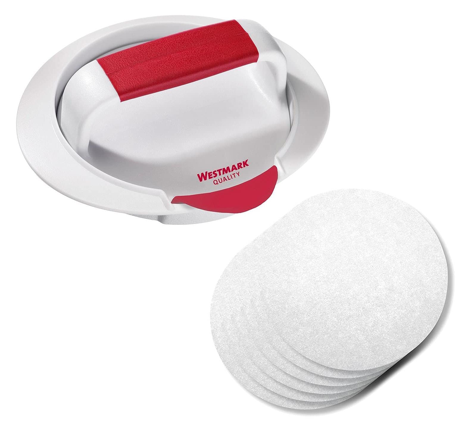 Westmark Burger-set bestaande uit hamburgerpers met spatel en 80 stuks burgerpapier, wit/rood