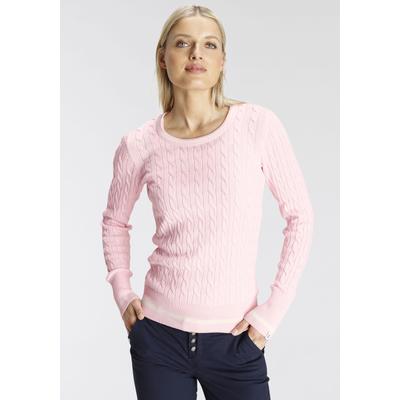 Rundhalspullover DELMAO, Damen, Gr. 36/38, rosa, Feinstrick, Obermaterial: 100% Baumwolle, Zopfmuster, bestickt, unifarben, sehr figurbetont hüftlang, Rundhals, Pullover Rundhalspullover, mit Kontaststreifen und Zopfmuster