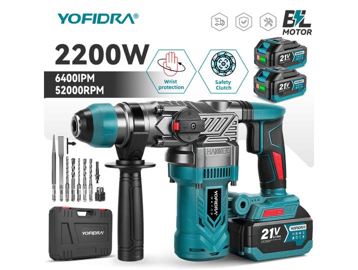 Marteau perforateur électrique sans fil YOFIDRA Brushless 2200w, visseuse multifonctionnelle, outil rotatif compatible avec batterie Makita 21V
