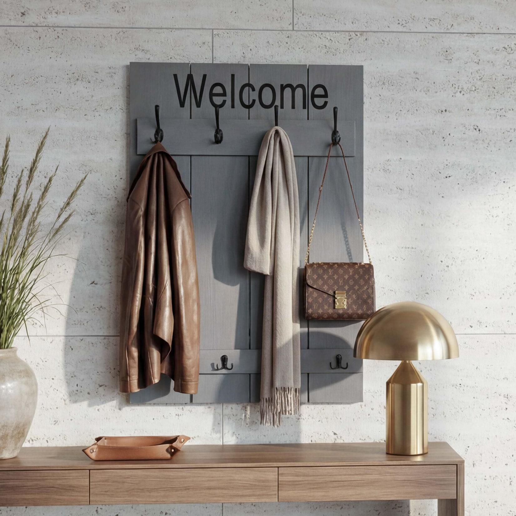 Wandgarderobe MCW-C89 Welcome, Garderobe Garderobenpaneel, Shabby-Look Vintage, 91x60cm ~ grau-blau