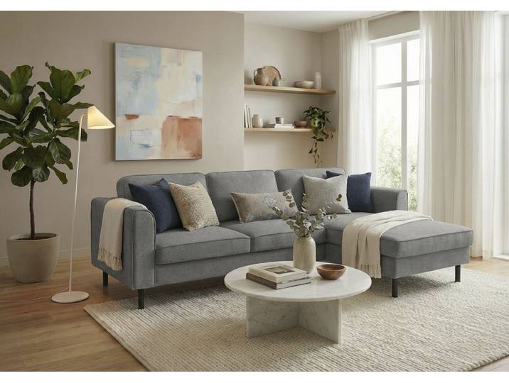 Ecksofa HOME AFFAIRE Booster II, whlw. mit Schlaffunktion & Bettkasten, Fuss schwarz , grau (schlamm), B:232cm H:83cm T:161cm, 100% Polyester, Sofas, Ecksofa, Recamiere beidseitig montierbar,L-Form, in Cord & Struktur LEO o. LINO