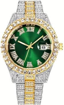 Fashion Sheath Iced Out Hip Hop Watch For Men Oversized Rhinestone Quartz Timepiece With Stainless Steel Band green