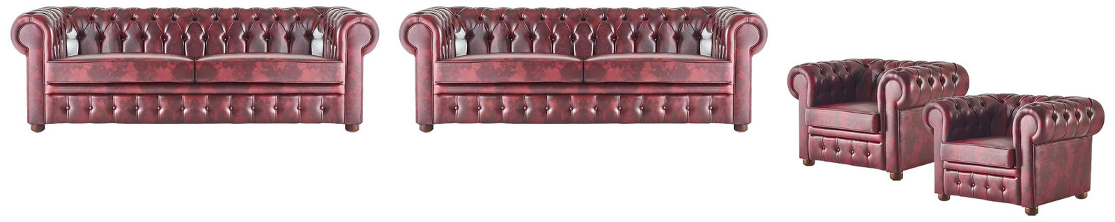 Chesterfield lederen bankset 4-delig inclusief 3-zits sofa en fauteuil in bordeauxrood