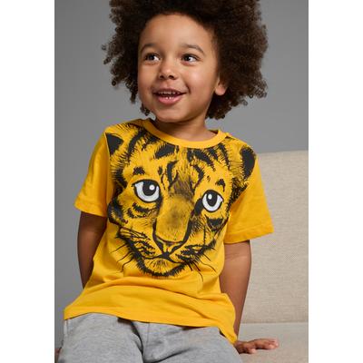 T-Shirt KIDSWORLD "Mit tollem Druck: LITTLE TIGER", Jungen, Gr. 104/110, gelb, Jersey, Obermaterial: 100% Baumwolle, bedruckt, Basic, Rundhals, Shirts T-Shirt, Kurzarm, Basic-Passform, mit peppigem Druck, Rundhalsausschnitt