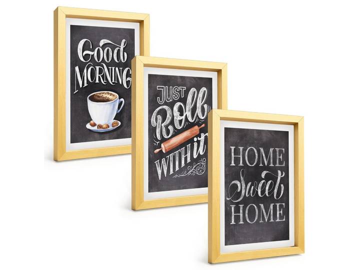 BILDER SET 3er Set - 20x30 cm Goldrahmen - Motive und Inschriften für die Küche