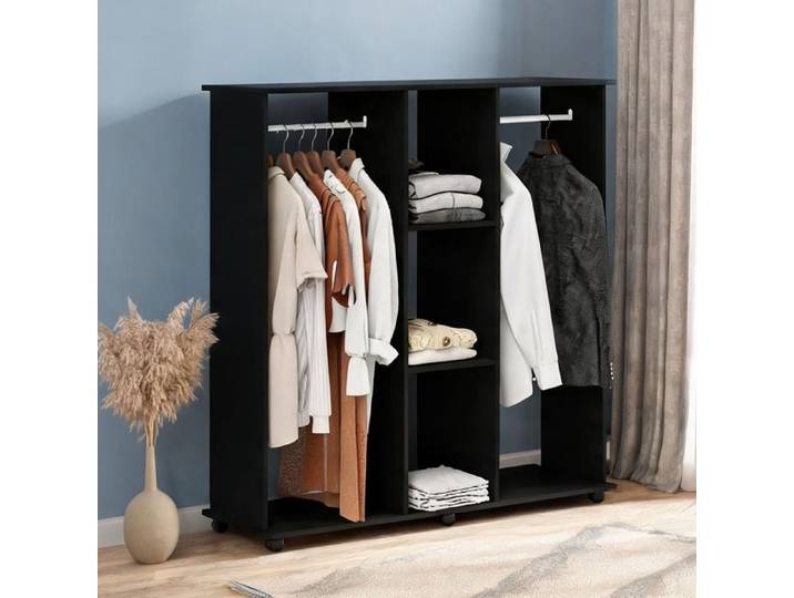 Dressing ouvert noir 120x40x128 cm 2 penderies 3 étagères mobile sur 6 roues - Noir Bois 120 x 40 x 128 cm Ref D3IULU