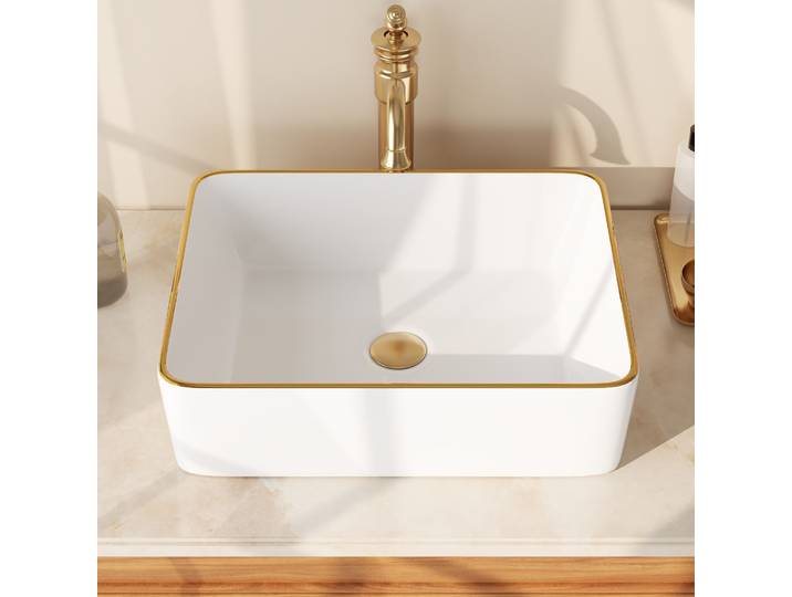 Lavabo de comptoir DeerValley, lavabo carré blanc avec bord doré, lavabo surélevé, lavabo de salle de bain moderne, lavabo de table, lavabo de luxe pour salle de bain, salle privée, vestiaire et