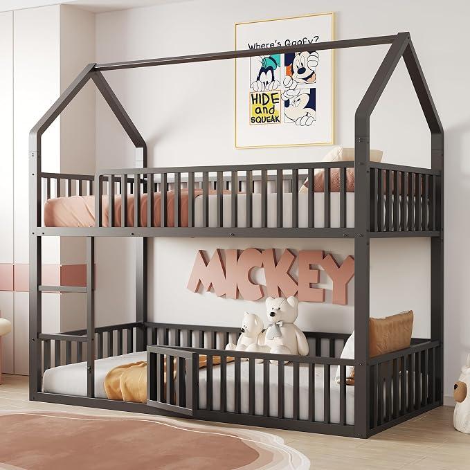 Etagenbett 90x200, Kinderbett Metallbett für 2 Kinder,Hausbett mit Leiter und Tür,Loft-Design, Unteres Bett mit kleiner Tür zum Öffnen und Schließen,Rausfallschutz,Ohne Matratze (Schwarz, 90×200cm)