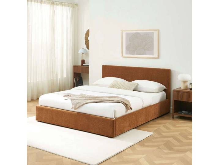 Lit coffre VANIA 160x200 tissu marron sommier inclus