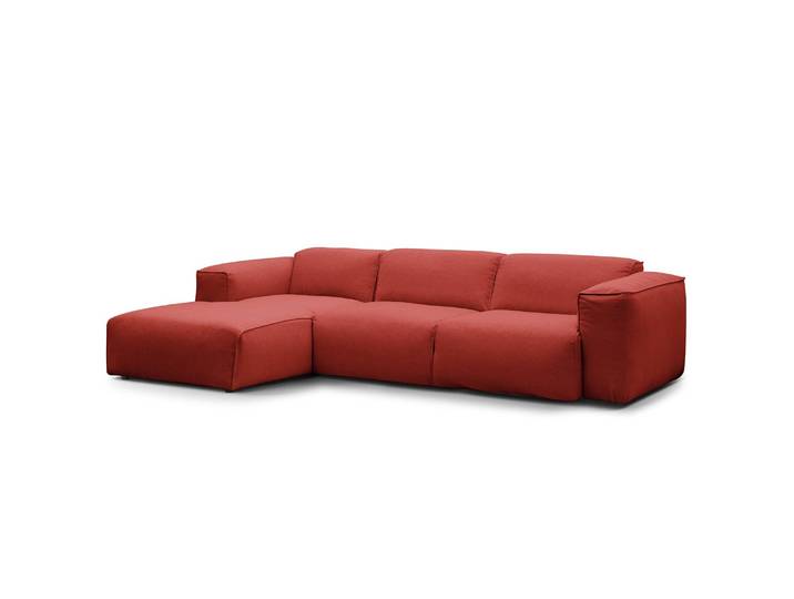 Ecksofa 3-Sitzer mit Longchair Rot Webstoff Saia 284cm Longchair davorstehend links Modern