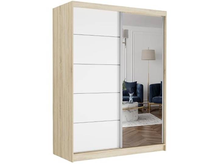 Easy4You Krudox Sonoma/Weiß 150 cm Schiebetürenschrank Kleiderschrank mit Spiegel Schlafzimmermöbel Mehrzweckschrank mit Kleiderstange Schrank für das Schlafzimmer