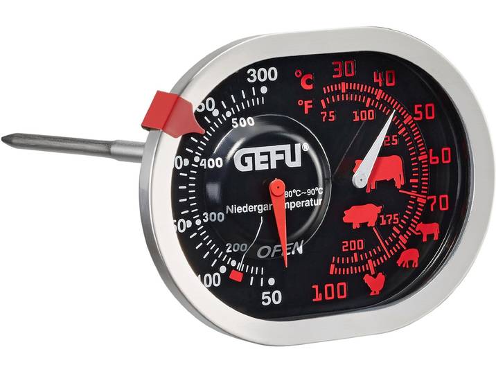 Bratenthermometer GEFU MESSIMO , rot (edelstahlfarben, schwarz, rot), B:8,4cm H:12cm T:6,5cm, Temperaturmessgeräte, Bratenthermometer, 3in1, Edelstahl