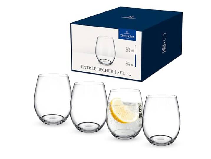 Villeroy & Boch - Entree Wasserglas Set 4-teilig 250 ml Klar, Spülmaschinenfest, Trinkgläser, Wassergläser, Trinkgeschirr, Gläser Set für Dessert, Smoothies oder Saft, Kristallglas