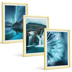 BILDER SET 3er Set - 40x60 cm Goldrahmen - Winterlandschaften mit Wasserfällen
